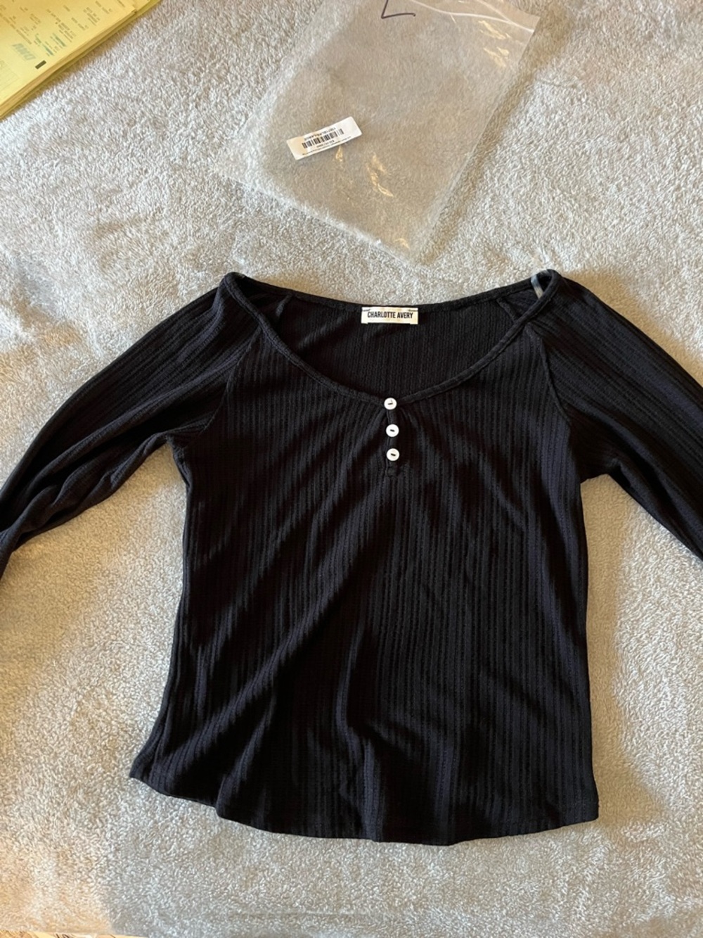 Charlotte Russe Black Ribbed Long Sleeve Scoop Neck Top with Button Detail